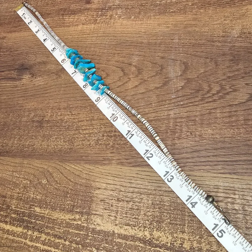 Vintage Natural Nugget Turquoise & Heishi Shell Beaded Chocker Necklace, 15” - Picture 6 of 7